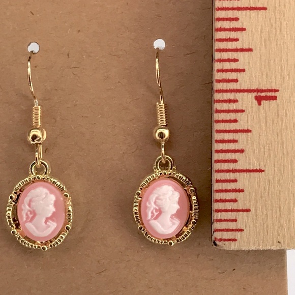 Gold and Pink Cameo Earrings - Picture 2 of 2